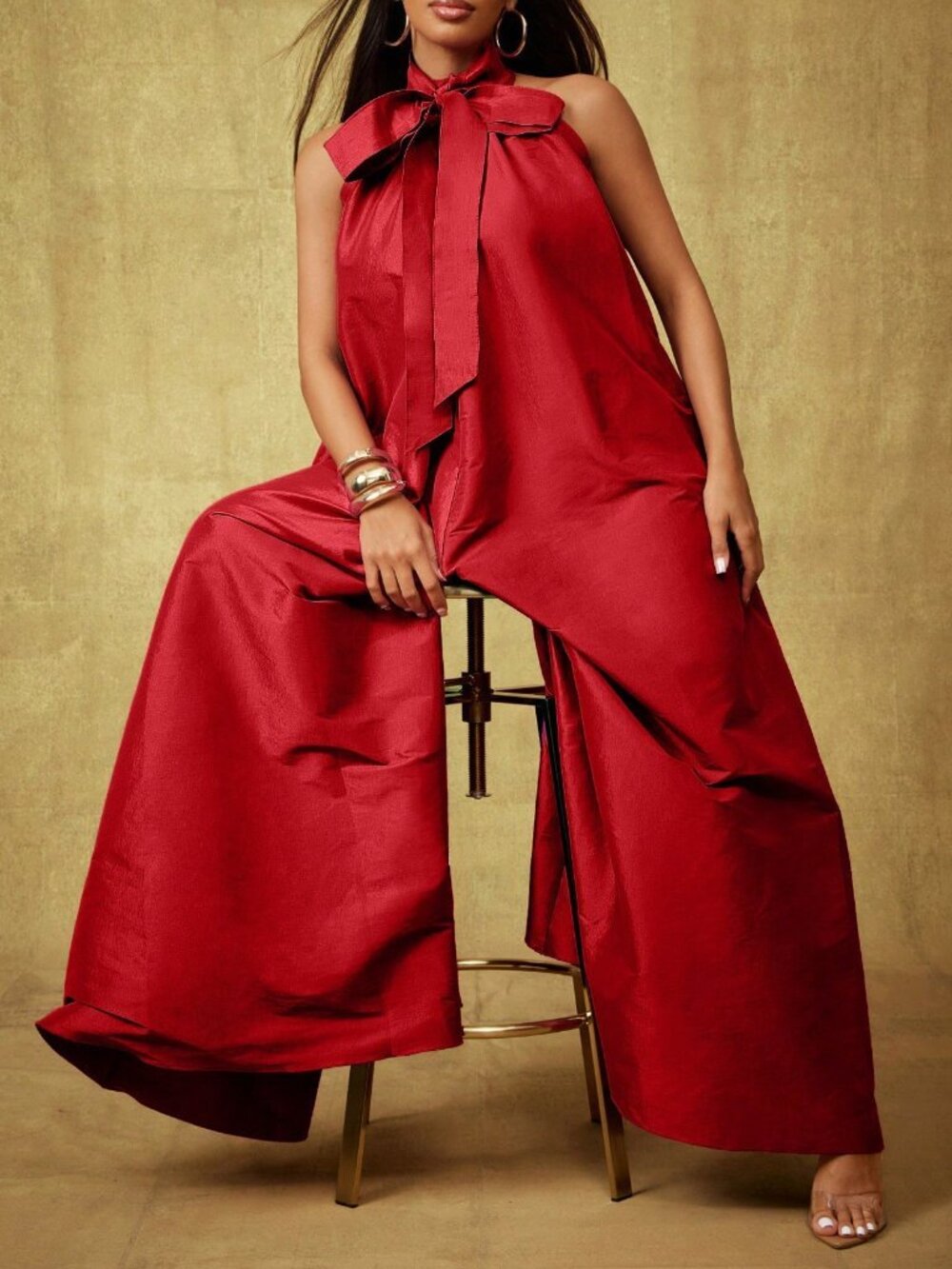 Red Women's Taffeta Bow Tie Halter Neck Extreme Wide Leg Jumpsuit - Picture 3 of 5